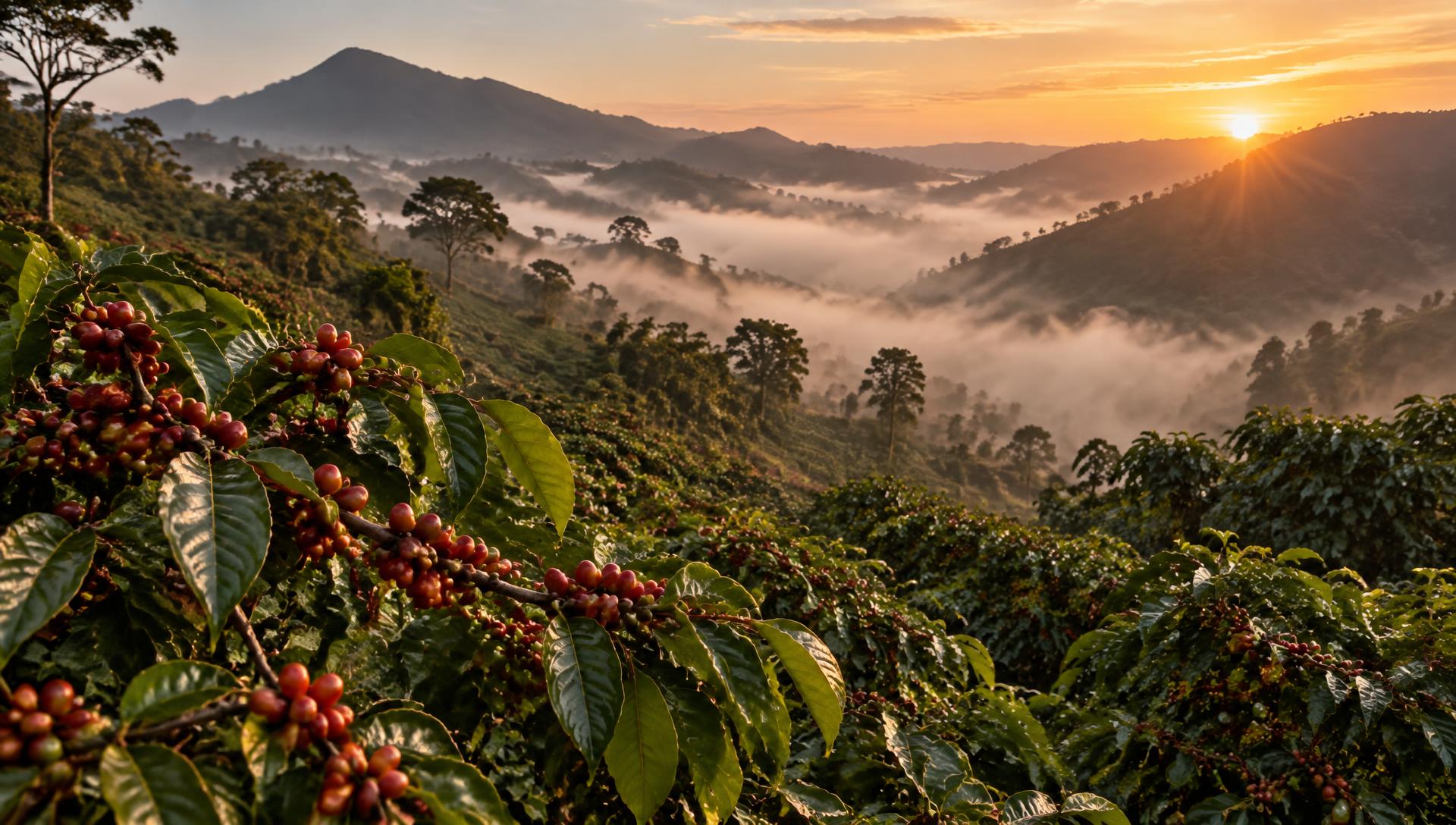 Cafetal en las montañas de Veracruz al amanecer